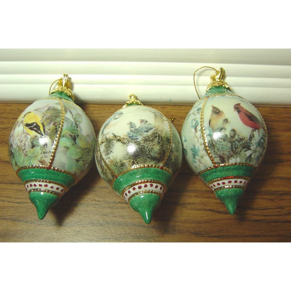 3 LENA LIU NATURE'S POETRY BIRD ORNAMENTS-YELLOW FINCH, BLUE JAY & CARDINAL